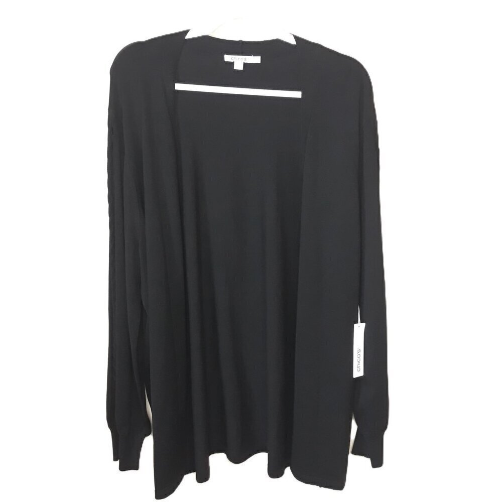NWT Chico's Fancy Stitch Cutout Open Front Longline Sweater Cardigan Black XXL